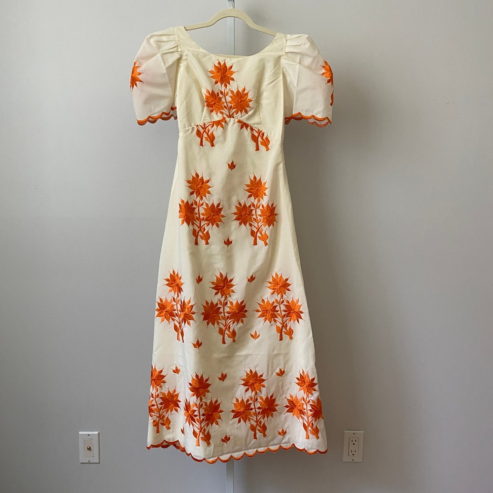 VTG‎ Prairie Dainty Embroidered Floral Scalloped Maxi Dress XS White Orange